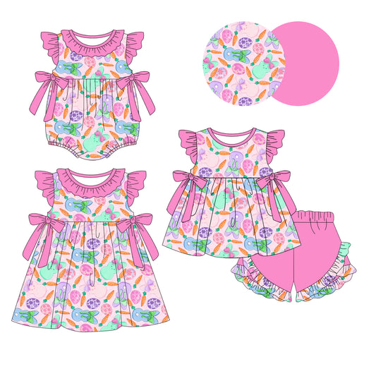 26.1.6 Custom MOQ:3 or 5 pcs each design milk silk Sibling baby girl clothes easter short sleeve shorts sets and dress and romper