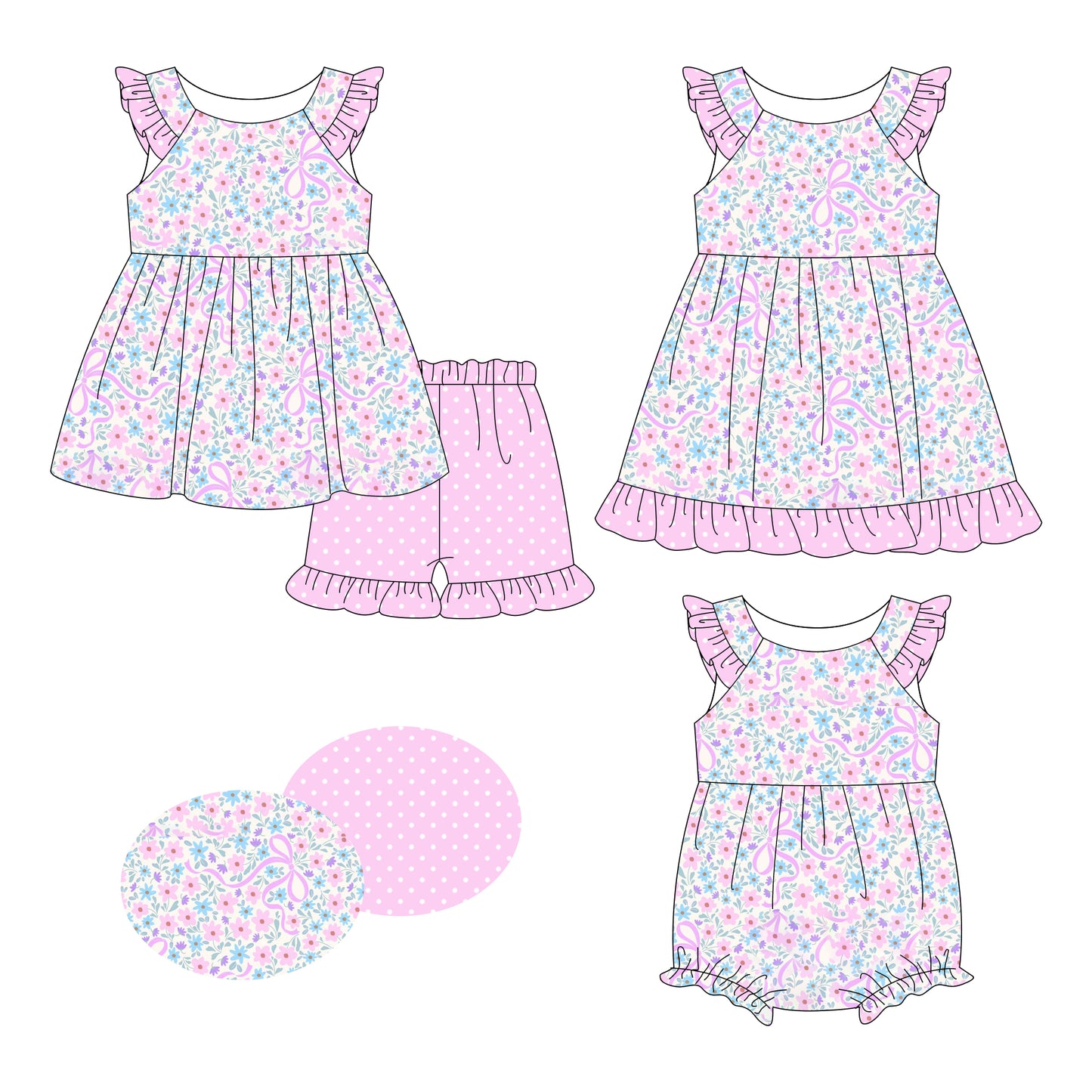 26.1.9 Custom MOQ:3 or 5 pcs each design milk silk Sibling baby girl clothes floral bow short sleeve shorts sets and dress and romper