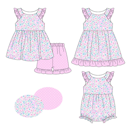 26.1.9 Custom MOQ:3 or 5 pcs each design milk silk Sibling baby girl clothes floral bow short sleeve shorts sets and dress and romper