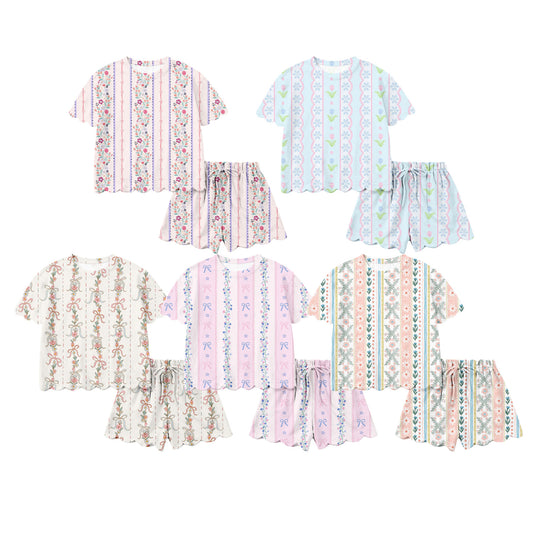 26.1.15 Custom MOQ:3 or 5 pcs each design milk silk Sibling baby boy girl clothes floral short sleeve shorts sets 5