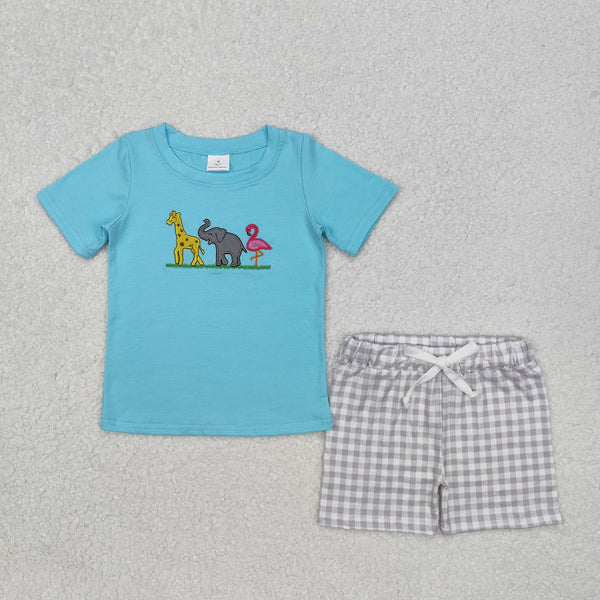 BSSO1019 Baby Boys Giraffe Elephant Flamingo Shirts Shorts Clothes Set