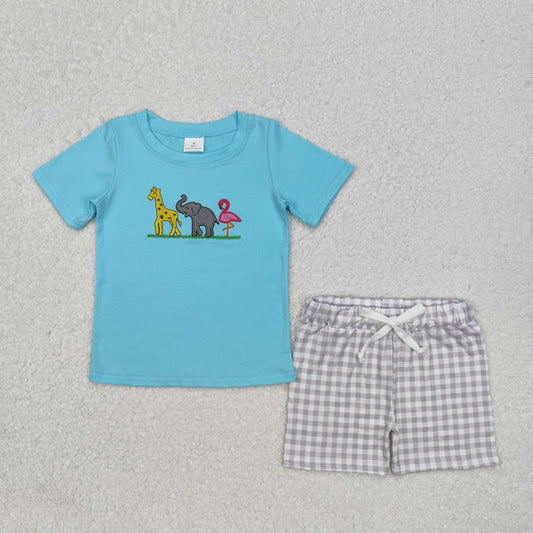 BSSO1019 Baby Boys Giraffe Elephant Flamingo Shirts Shorts Clothes Set