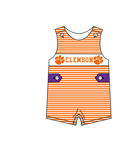1.31 Custom Order Moq 3 Baby Boy Sleeveless Stripes Button Clemson Orange Team Bubble Rompers