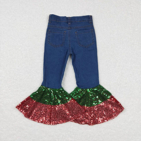 L-3.7 P0113 red green sequined denim trousers