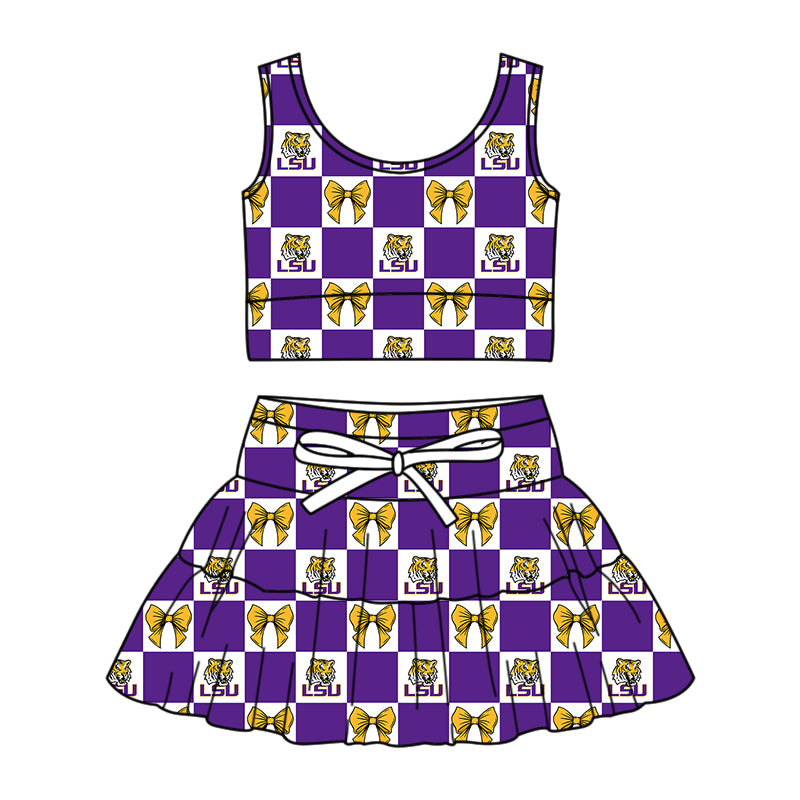 Custom Milk Silk Order MOQ:3 or 5 pcs Each Design Team State Girl Summer Bow Purple Sleeveless Skirts Sets-26.1.19