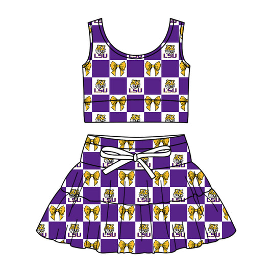 Custom Milk Silk Order MOQ:3 or 5 pcs Each Design Team State Girl Summer Bow Purple Sleeveless Skirts Sets-26.1.19