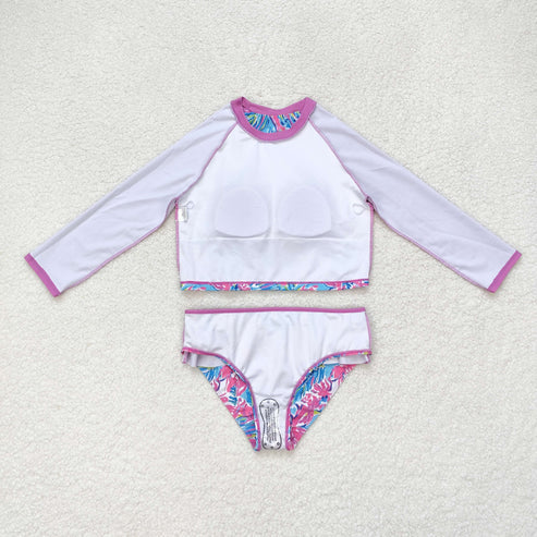 S0259 Floral rose pink lace blue long sleeve swimsuit