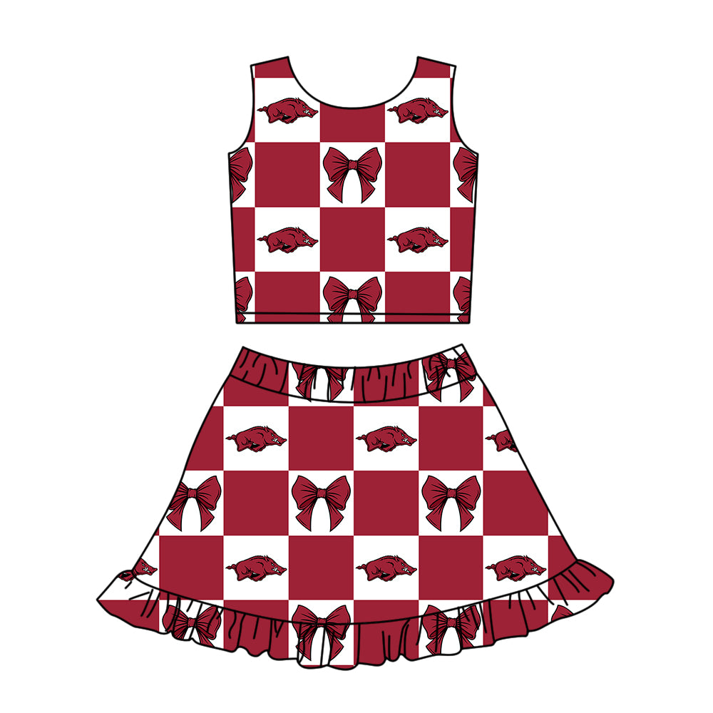 Custom Milk Silk Order MOQ:3 or 5 pcs Each Design Team State Girl Summer Bow Dark Red Sleeveless Skirts Sets-26.1.17