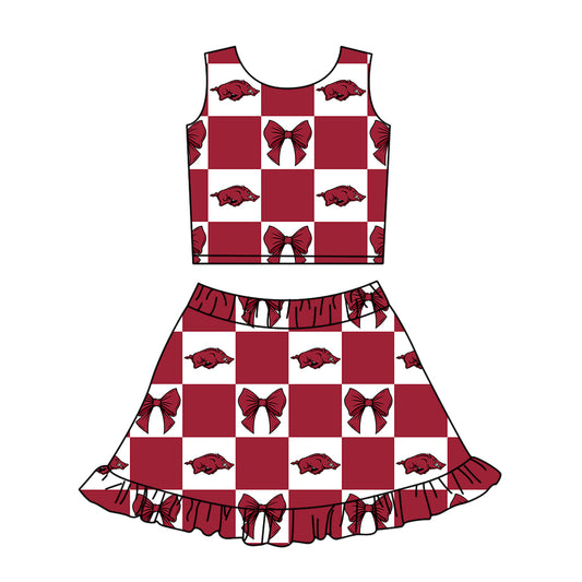 Custom Milk Silk Order MOQ:3 or 5 pcs Each Design Team State Girl Summer Bow Dark Red Sleeveless Skirts Sets-26.1.17
