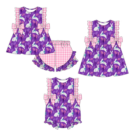 26.1.5 Custom MOQ:3 or 5 pcs each design milk silk Sibling baby girl clothes easter short sleeve shorts sets and dress and romper