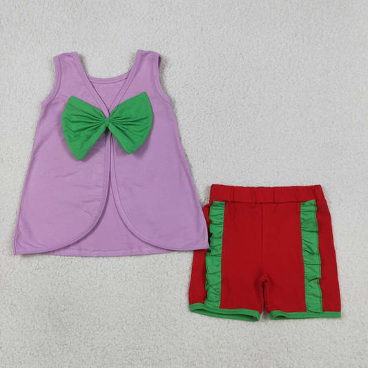 GSSO3465 Kids Baby Girls Purple Sleeveless Back Bows Tunic Red Shorts Clothes Sets
