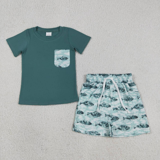 BSSO0838 Kids Baby Boys Dark Green Short Sleeve Shirts Top Fishes Shorts Hunting Clothes Sets