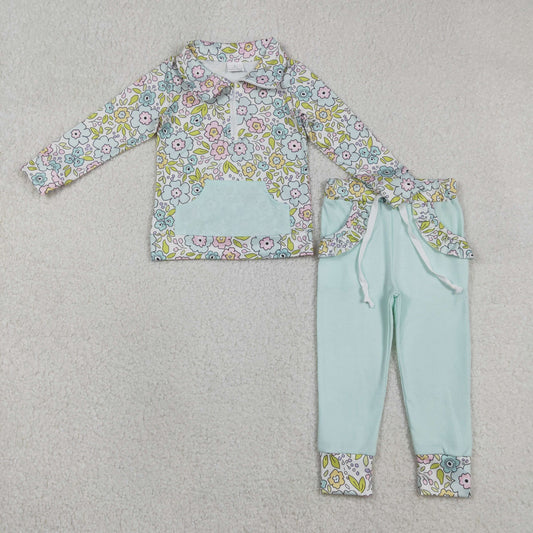 RTS NO MOQ(In Stock) GLP3278 Colorful Floral and Leaf Blue-Green Pocket Zipper Long-Sleeved Pants Set