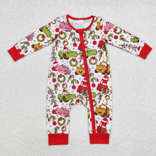 LR1559 Baby Infant Christmas Car Green Face Zip Romper