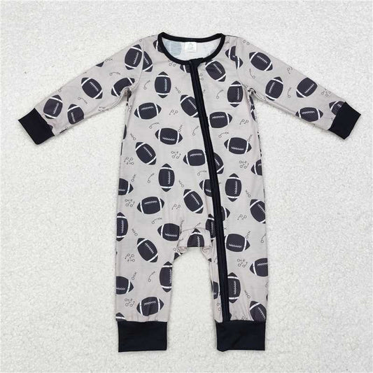 LR1435 Brother Boys Fall Football Bamboo Zip Long Sleeve Rompers