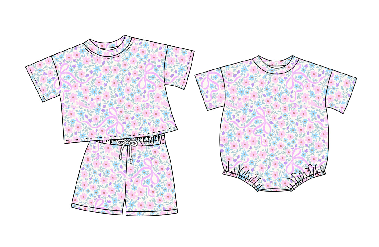 26.1.9 Custom MOQ:3 or 5 pcs each design milk silk Sibling baby girl clothes floral bow short sleeve shorts sets and romper