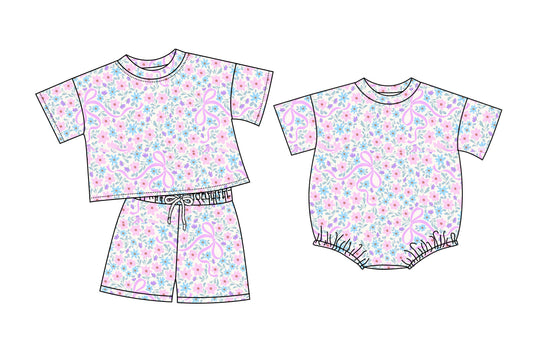 26.1.9 Custom MOQ:3 or 5 pcs each design milk silk Sibling baby girl clothes floral bow short sleeve shorts sets and romper