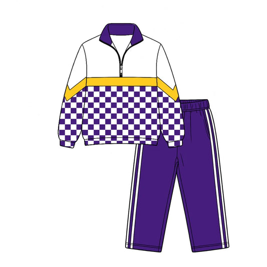 7.25 design Baby Boys Purple Checked Zip Pullover Top Pant Team Clothes Sets