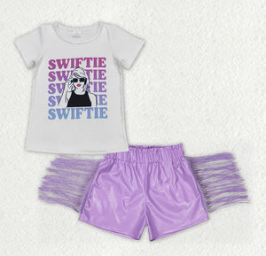 GT0550+SS0251 Girl Singer Letter White Short sleeve Top Purple bright leather fringe shorts set