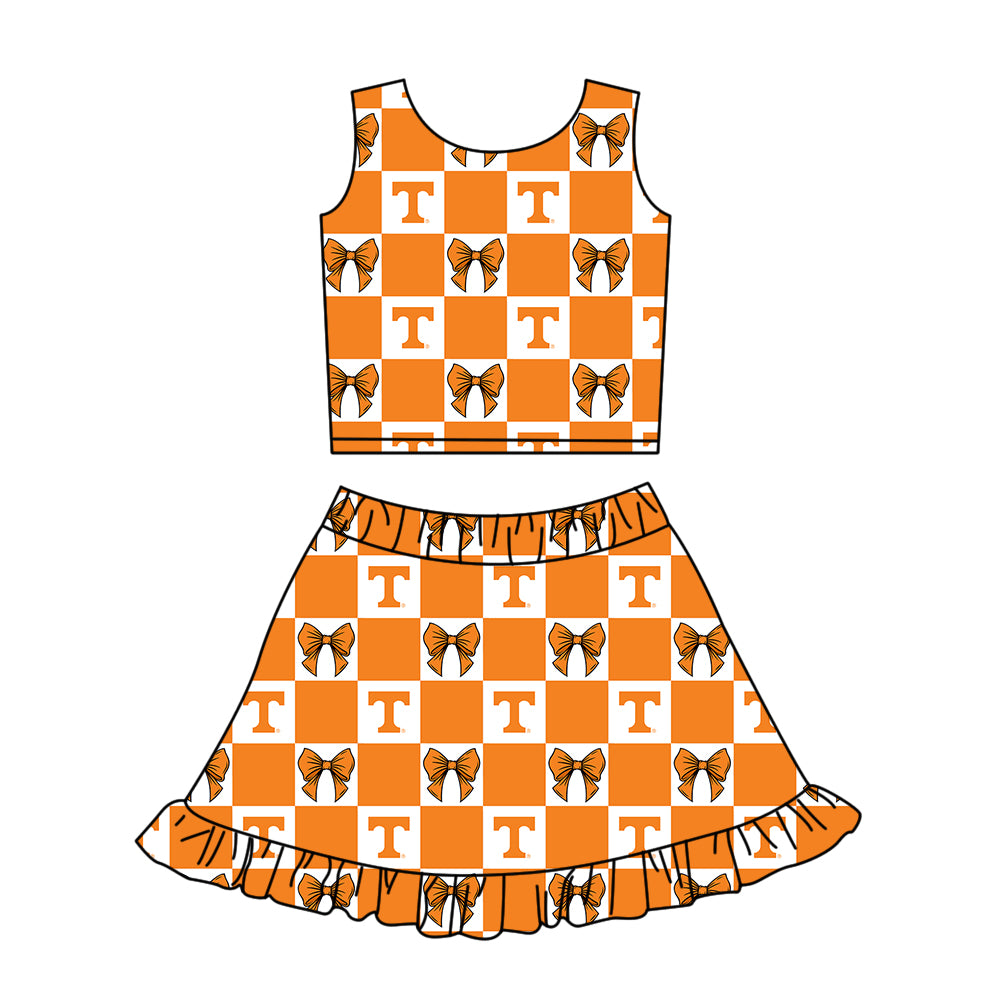 Custom Milk Silk Order MOQ:3 or 5 pcs Each Design Team State Girl Summer Bow Orange Sleeveless Skirts Sets 3 and dress and shorts-26.1.20