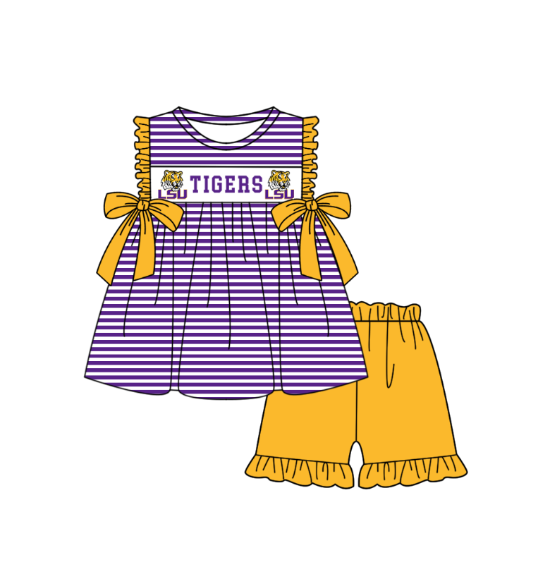 1.30 Custom Order Moq 3 Baby Girl LSU Tigers Team Bows Stripe Tunic Top Ruffle Shorts Clothes Sets