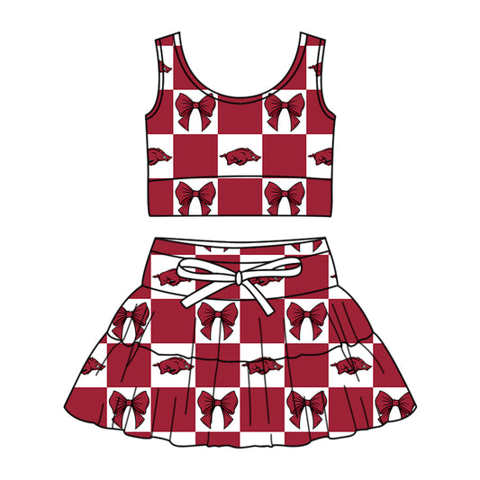 Custom Milk Silk Order MOQ:3 or 5 pcs Each Design Team State Girl Summer Bow Dark Red Sleeveless Skirts Sets-26.1.17