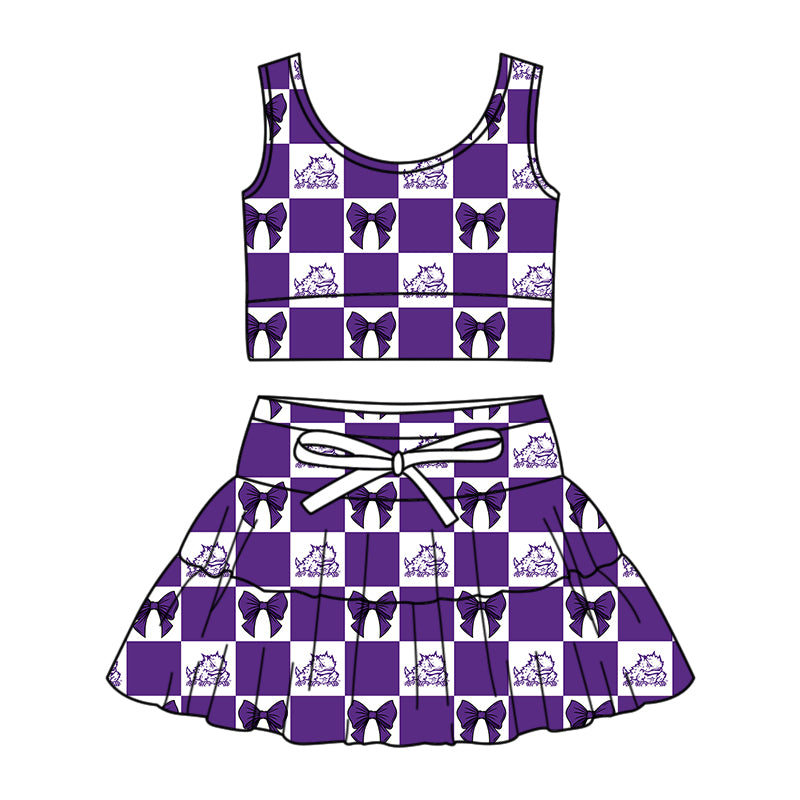 Custom MOQ 3 or 5 pcs Team Design Girl Summer Purple TCU Bows Plaid Vests Top Skirt Short Team Clothes Sets