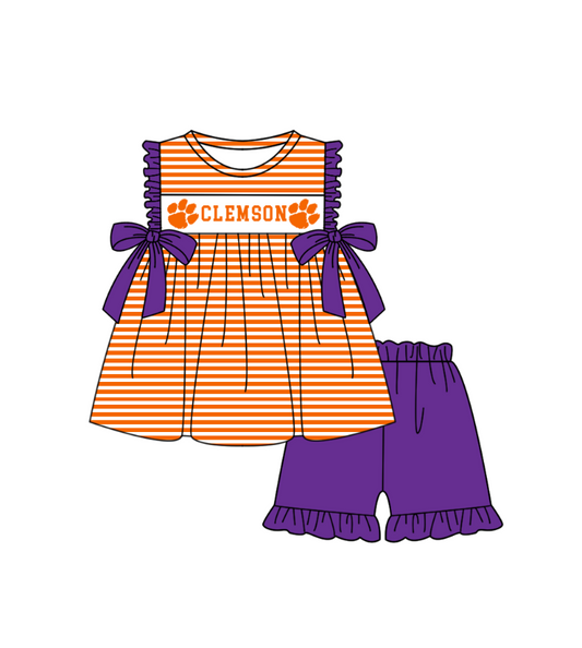 1.31 Custom Order Moq 3 Baby Girl Clemson Orange Team Bows Stripe Tunic Top Ruffle Shorts Clothes Sets