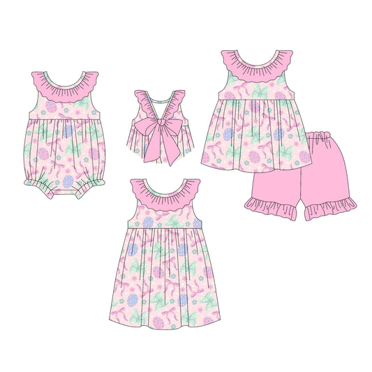 26.1.13 Custom MOQ:3 or 5 pcs each design milk silk Sibling baby girl clothes easter bow short sleeve shorts sets and dress and romper