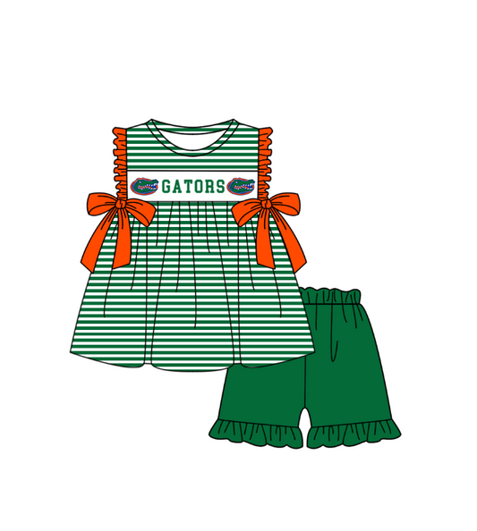 1.29 Custom Order Moq 3 Baby Girl Gators Bows Stripe Tunic Top Ruffle Shorts Team Clothes Sets