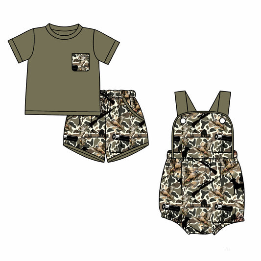 26.1.1 Custom MOQ:3 or 5 pcs each design milk silk Sibling baby boy clothes camouflage duck short sleeve shorts sets and romper