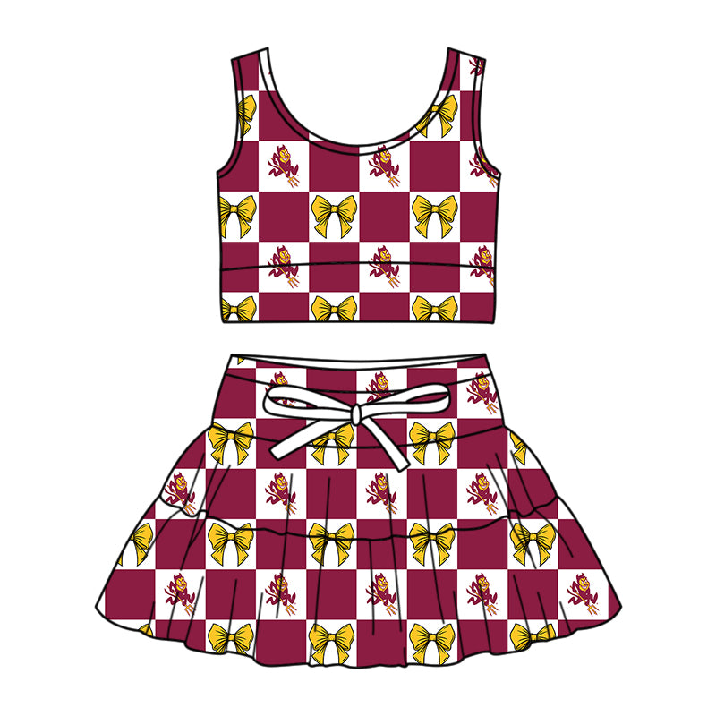 Custom MOQ 3 or 5 pcs Team Design Girl Summer Burgundy Bows Plaid Vests Top Skirt Short Team Clothes Sets