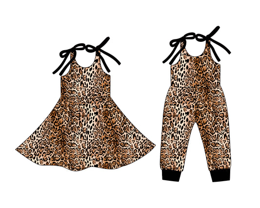 26.1.2 Custom MOQ:3 or 5 pcs each design milk silk Sibling baby girl clothes leopard short sleeve dress and romper