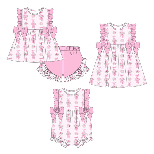 26.1.3 Custom MOQ:3 or 5 pcs each design milk silk Sibling baby girl clothes ballet shoes bow floral pink short sleeve shorts sets and dress and romper
