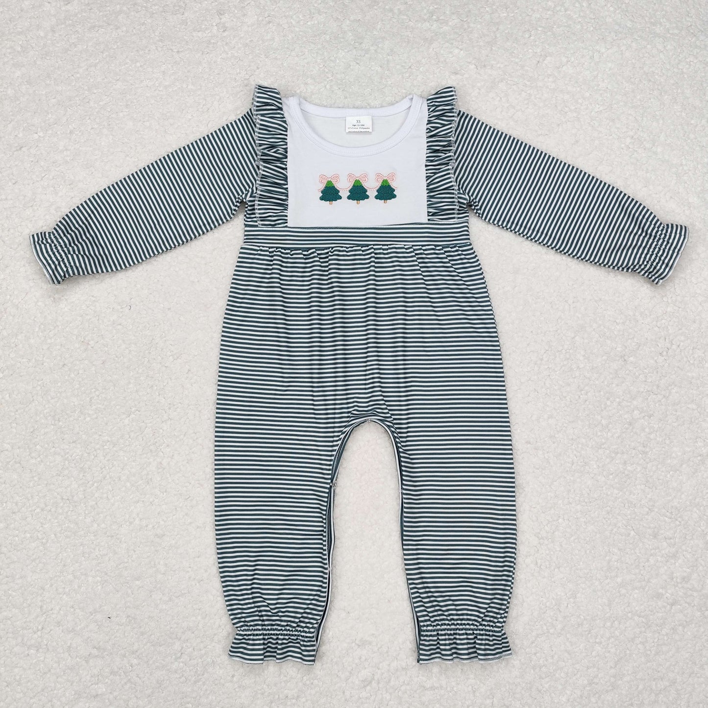 LR1587 Baby Infant Girls EmbroideryChristmas Green Stripes Trees Romper