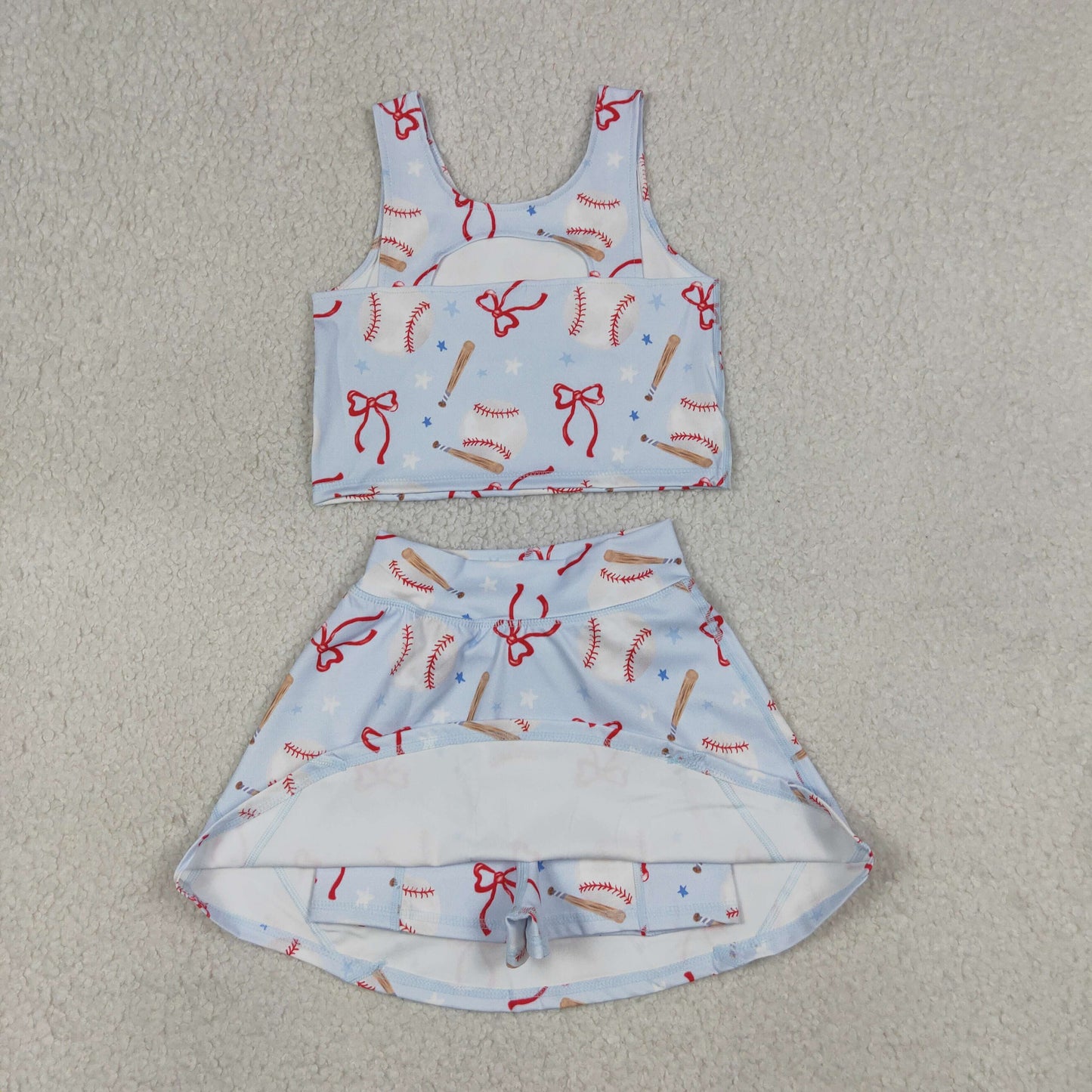 GSD3835 Kids Baby Girls Bows Baseballs Vests Top Skirt Short Team Yoga Active Clothes Set