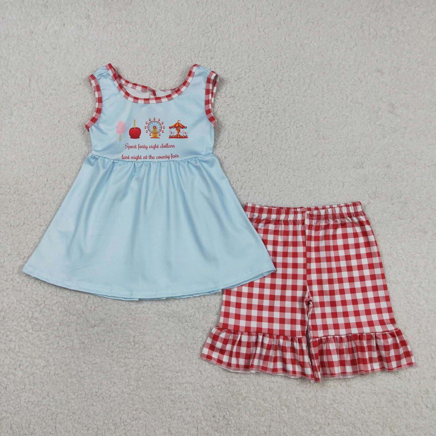 GSSO2544 Kids Baby Girl Sleeveless Park Tunic Top Red Checked Ruffle Short Clothes Set
