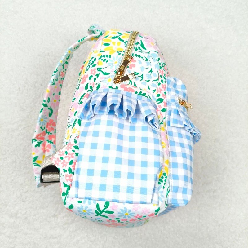 BA0097 Flower pink lace light blue check backpack