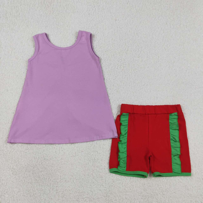 GSSO3465 Kids Baby Girls Purple Sleeveless Back Bows Tunic Red Shorts Clothes Sets