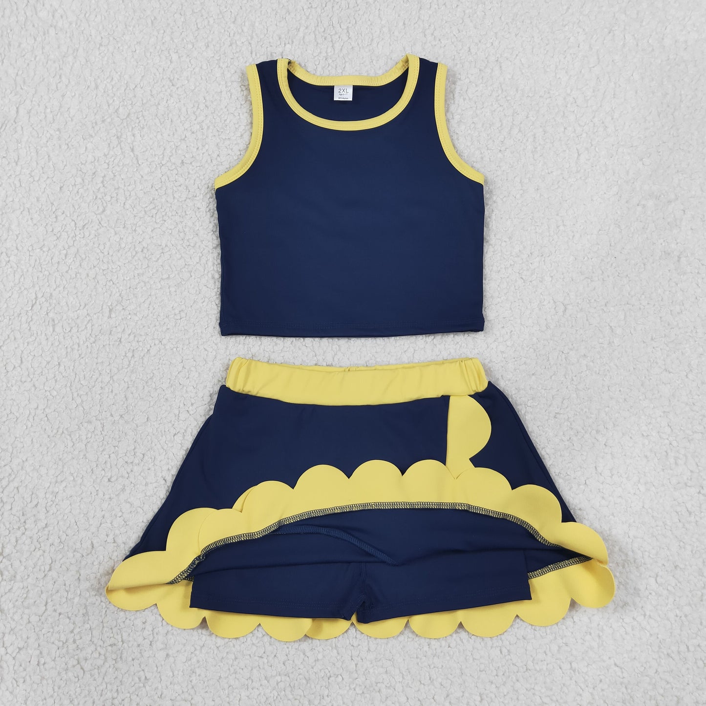 GSD4111 Kids Baby Girls Yellow Navy Crop Scallop Skirt Short Yoga Active Clothes Sets