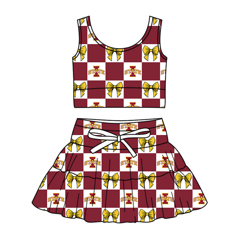 Custom MOQ 3 or 5 pcs Team Design Girl Summer State Bows Plaid Vests Top Skirt Short Team Clothes Sets