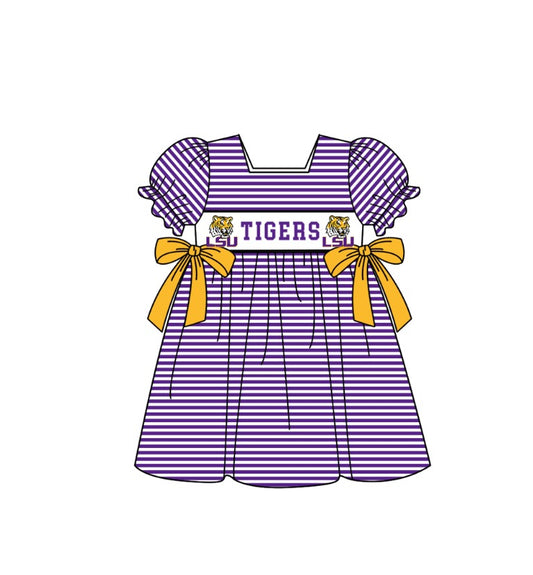 1.30 Custom Order Moq 3 Baby Girl LSU Tigers Team Bows Stripe Ruffle Knee Length Dresses
