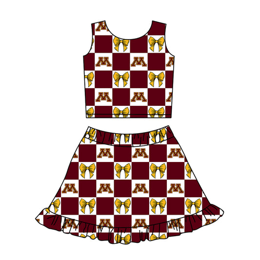 Custom Milk Silk Order MOQ:3 or 5 pcs Each Design Team State Girl Summer Bow Brick Red Sleeveless Skirts Sets-26.1.22