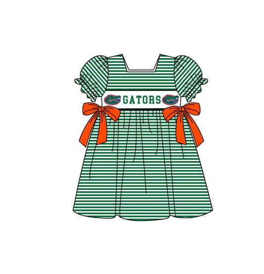 1.29 Custom Order Moq 3 Baby Girl Gators Bows Stripe Ruffle Team Knee Length Dresses