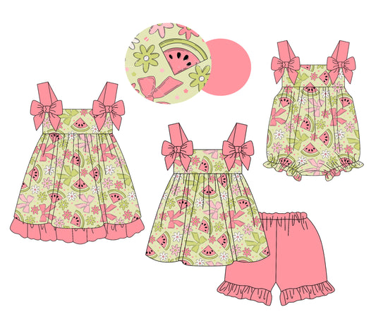 26.1.2 Custom MOQ:3 or 5 pcs each design milk silk Sibling baby girl clothes watermelon bow short sleeve shorts sets and dress and romper