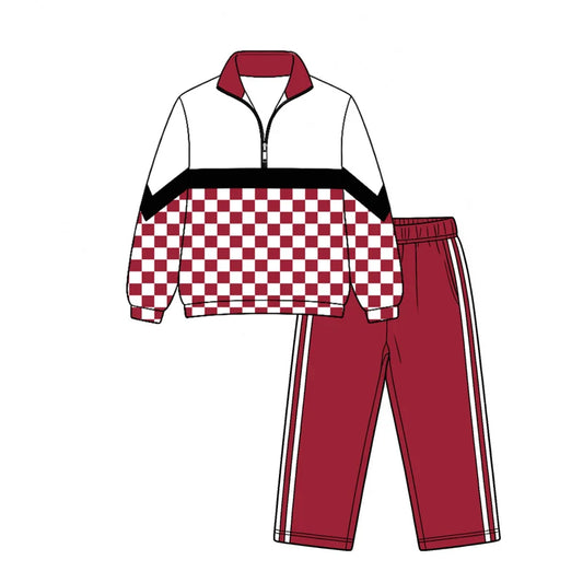 7.25 design Baby Boys Black Red Checked Zip Pullover Top Pant Team Clothes Sets