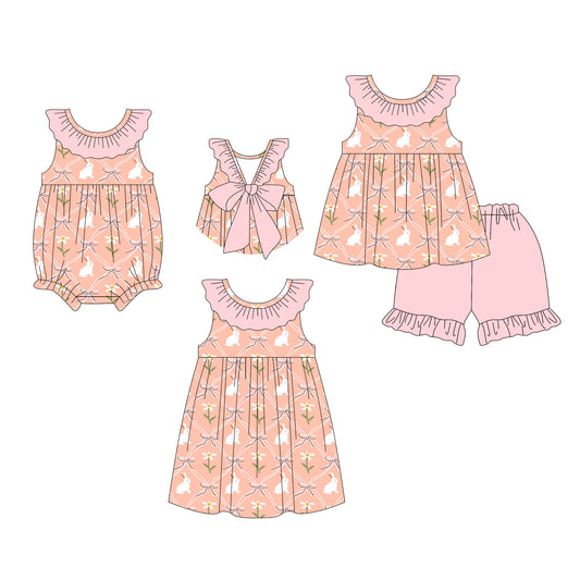 26.1.5 Custom MOQ:3 or 5 pcs each design milk silk Sibling baby girl clothes easter bow short sleeve shorts sets and dress and romper