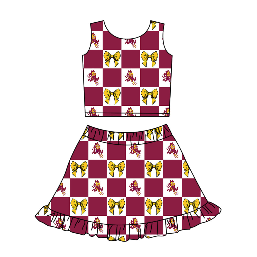Custom MOQ 3 or 5 pcs Team Design Girl Summer Burgundy Bows Plaid Top Ruffle Skirt Short Team Clothes Sets