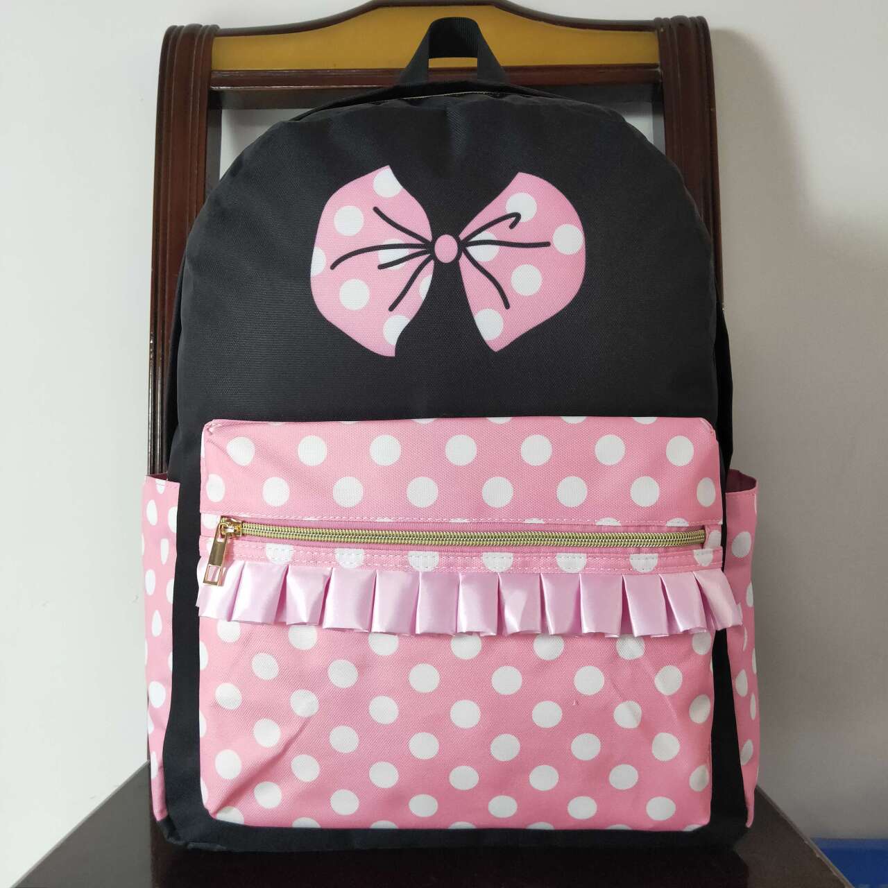 BA0183 Cartoon girl polka dot black backpack