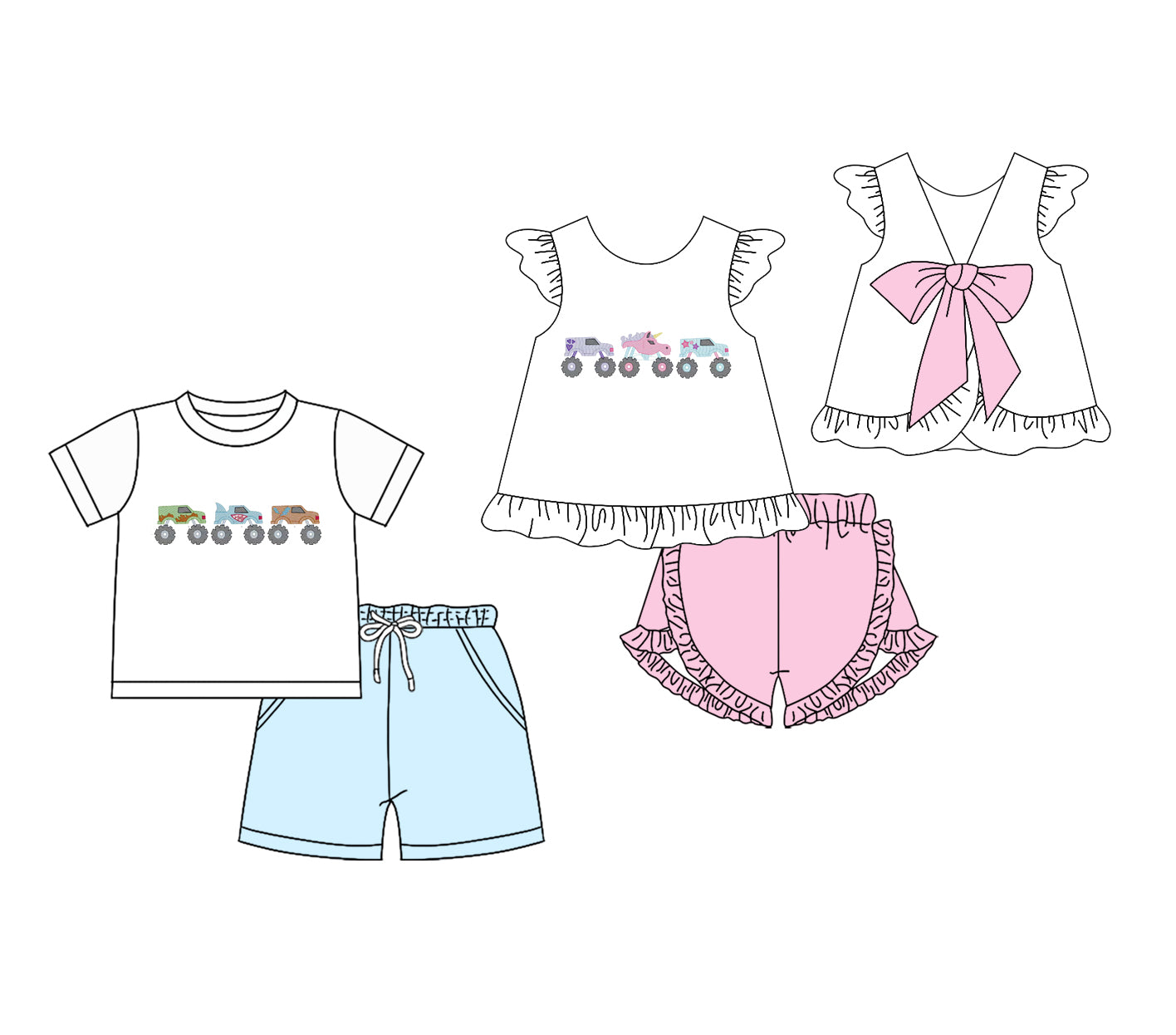 26.1.20 Custom MOQ:3 or 5 pcs each design milk silk Sibling baby boy girl clothes short sleeve shorts sets 2